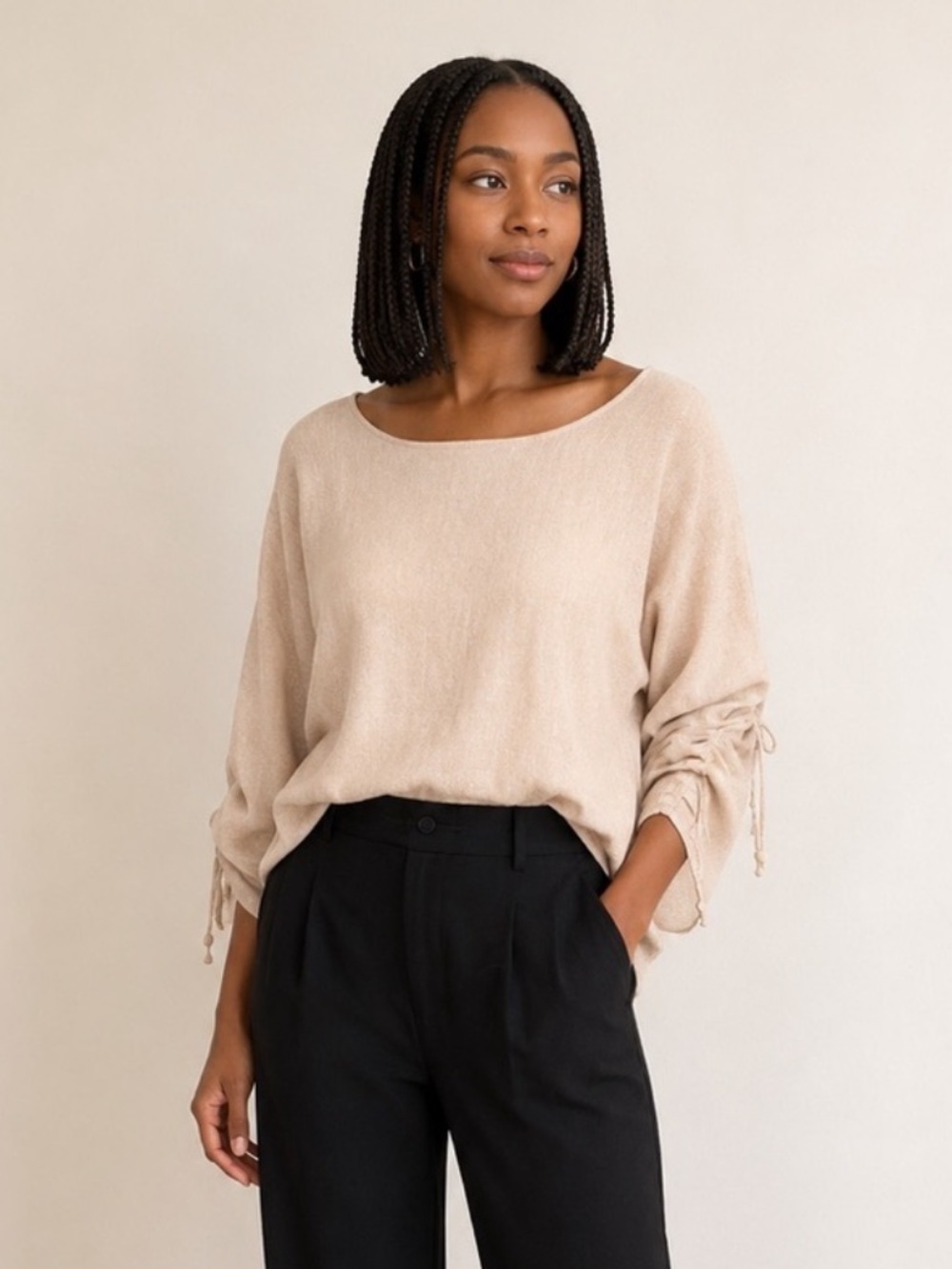 NWT Max Studio Lightweight Dolman Ruched 3/4 Sleeve Sweater Wheat Color Size M